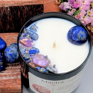 Mantra Crystal Candle, Meditation Ritual Tool, soothing aromatics, handmade soy